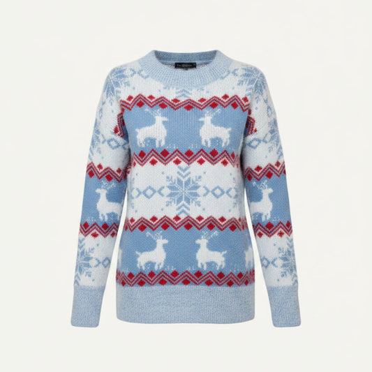 Julesweater dame med rensdyr og rund hals i norsk mønster