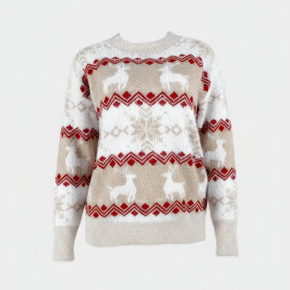 Julesweater dame med rensdyr og rund hals i norsk mønster