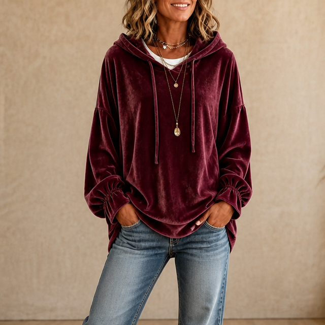 Hoodie i velour med flæsemanchetter og drop shoulder til damer