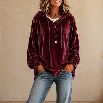 Hoodie i velour med flæsemanchetter og drop shoulder til damer