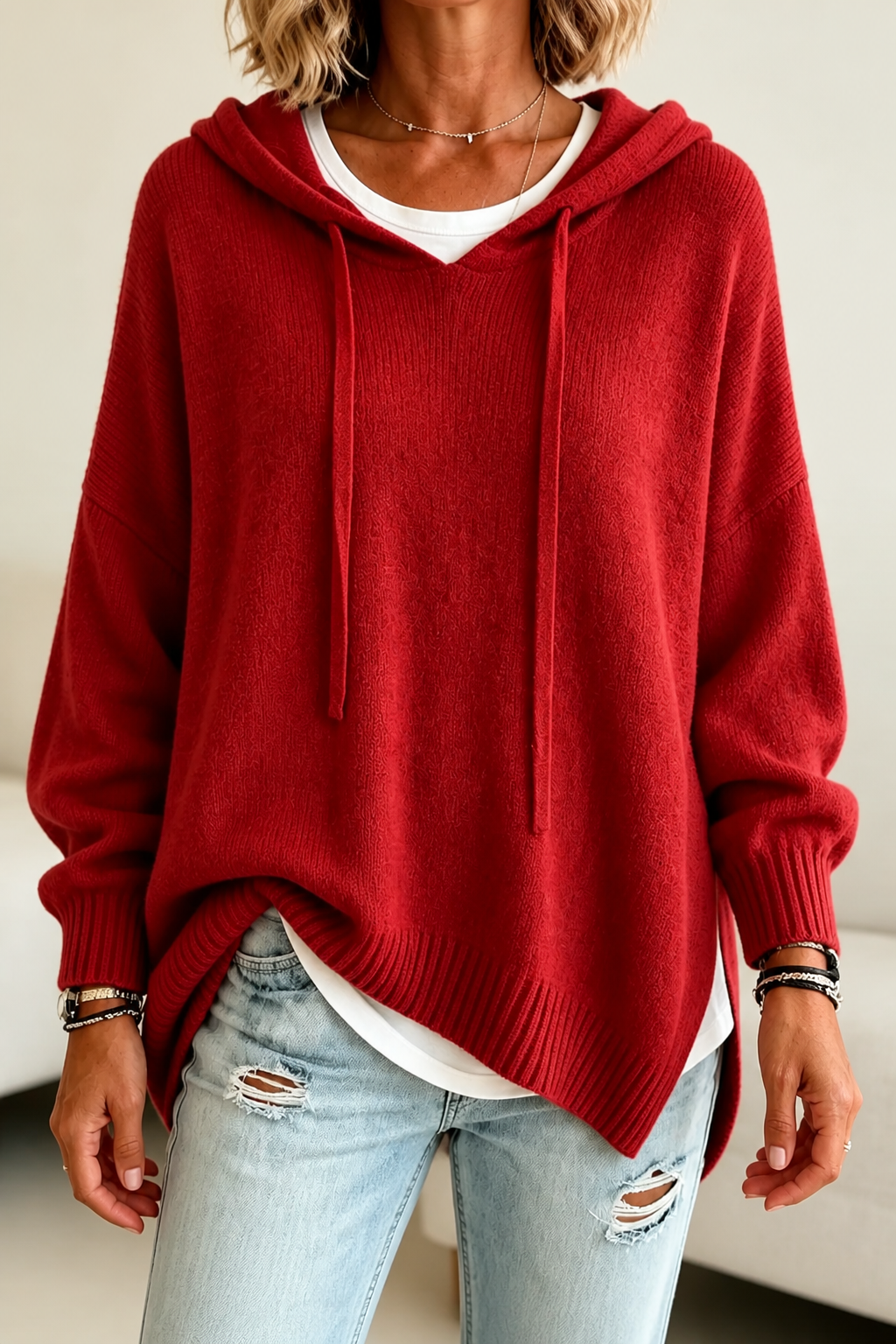 Hoodie til damer med V-hals, hætte og dropped shoulders i oversized pasform