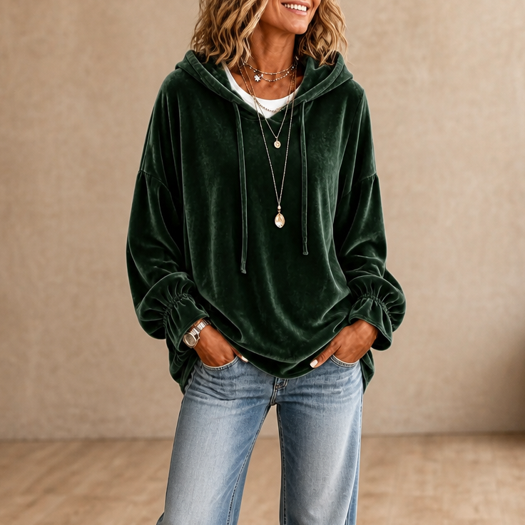 Hoodie i velour med flæsemanchetter og drop shoulder til damer