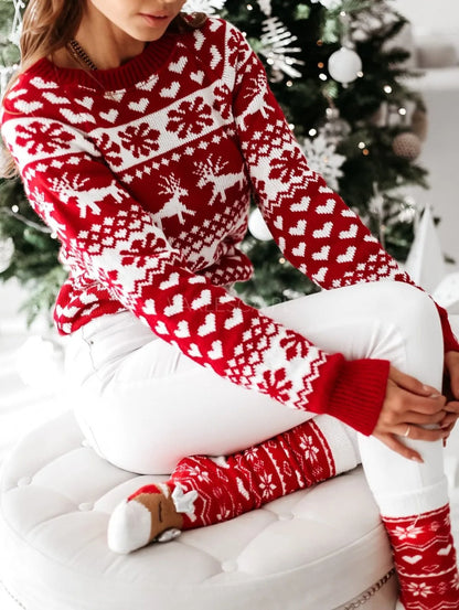 Julesweater dame med rund hals og rensdyrmønster, langærmet strik
