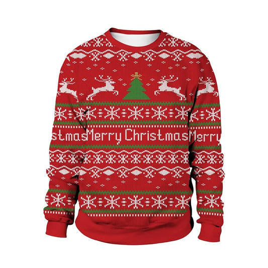 Julesweater til mænd med rund hals, julemotiv foran og bagpå samt ribkant