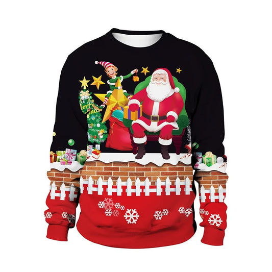 Julesweater til mænd med rund hals, julemotiv foran og bagpå samt ribkant