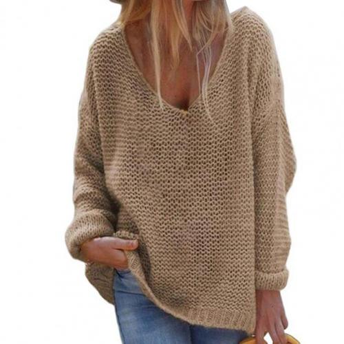 V-hals sweater i løs pasform til damer med lange ærmer