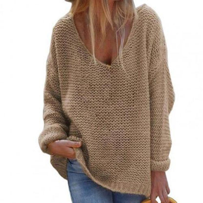 V-hals sweater i løs pasform til damer med lange ærmer