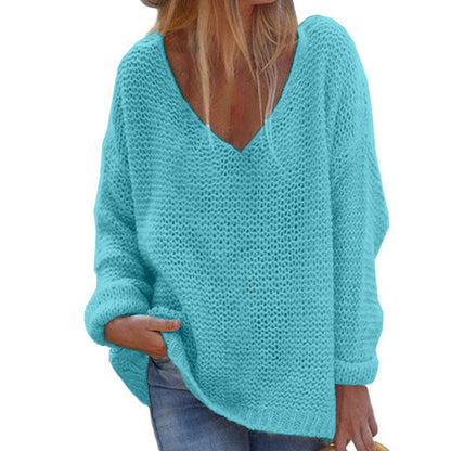 V-hals sweater i løs pasform til damer med lange ærmer