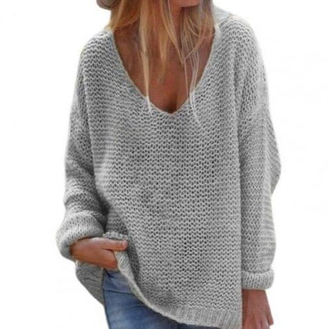 V-hals sweater i løs pasform til damer med lange ærmer